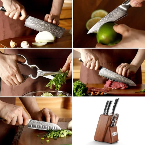 Sunnecko 6-Piece Damascus 67-Layer Knife Set with Knife Stand, Chef's Knife, Santoku Knife, Nakiri Knife, Peeling Knife, and Kitchen Scissors, Double-