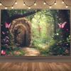 1pc Whimsical Forest Scene with Wooden Door and Butterfly Background Tapestry Charming Fairy Tale Party Wall Covering