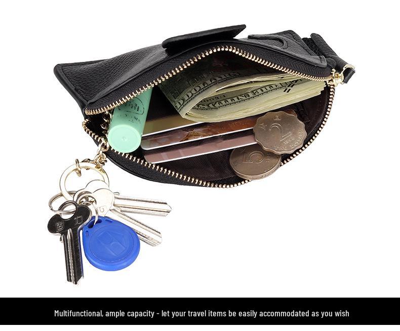 Women's Top Grain Cowhide Mini Coin Purse with Elephant Keychain - Cute, Japanese Style, Real Leather, Super Thin