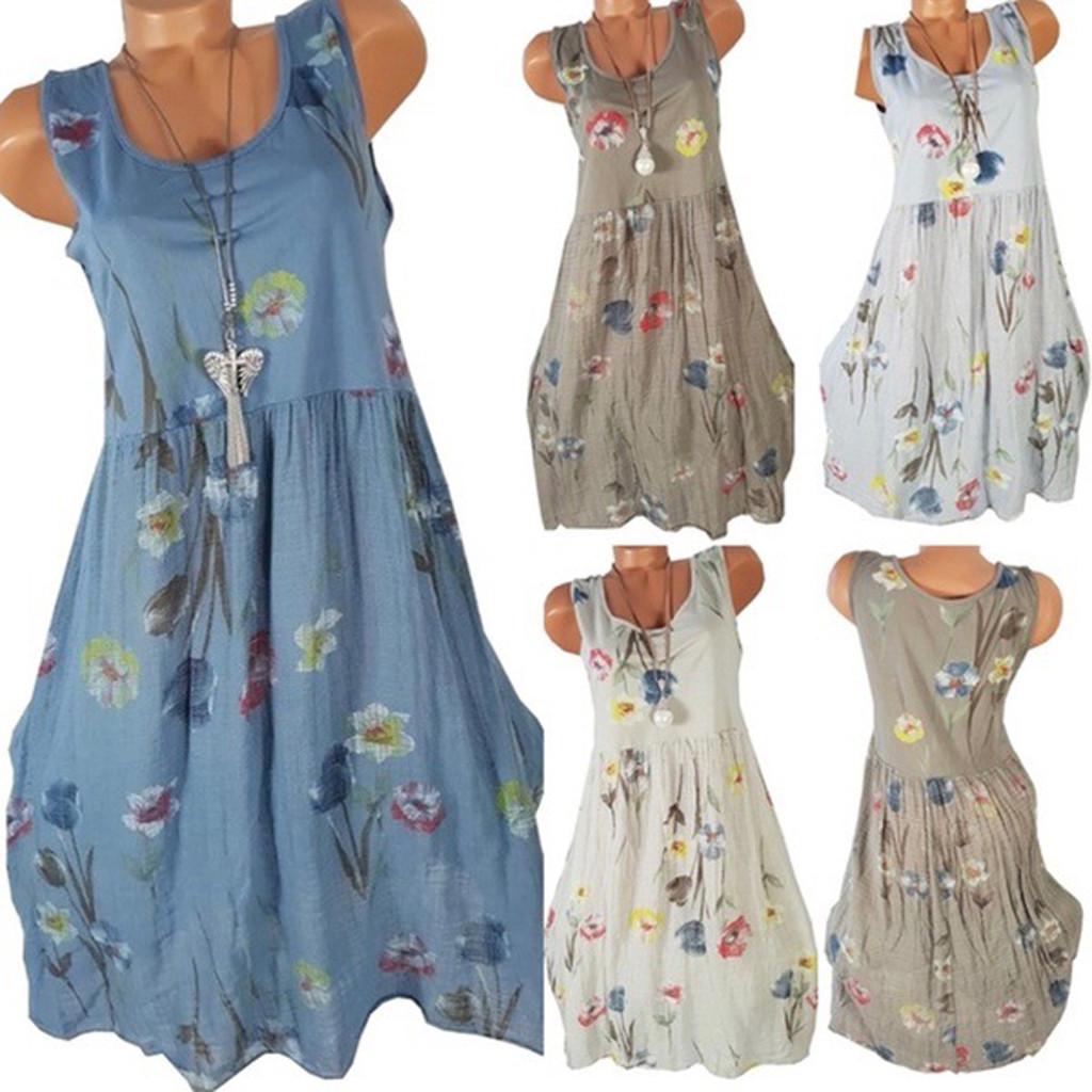

Women s Summer Casual Round Neck Dress Floral Print Sleeveless Mini Dress