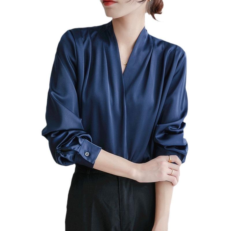 Spring white shirt women's long-sleeved design sense retro silk top professional satin shirt