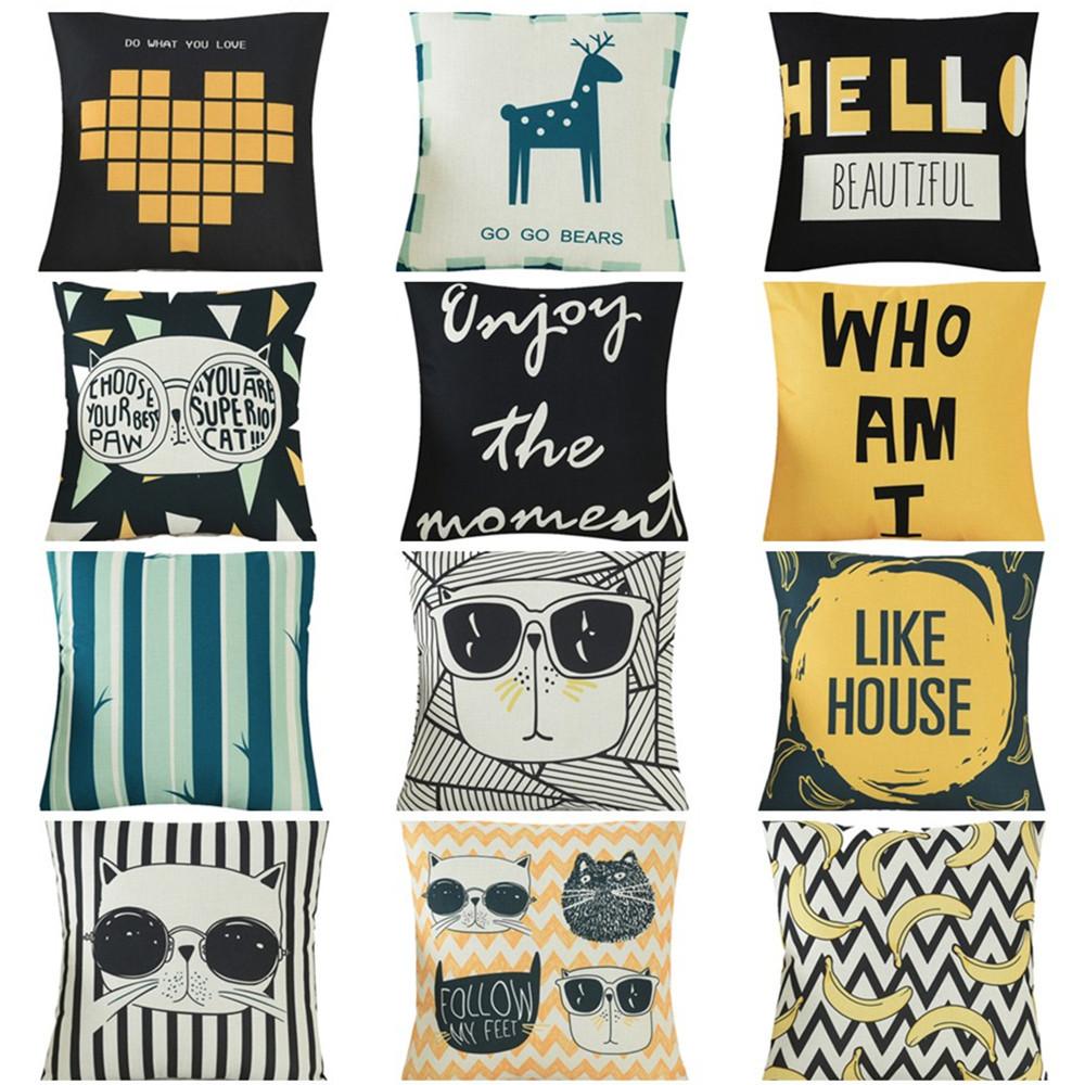 45x45cm Cartoon Cat Geometric Printed Sofa Cushion Cover Cotton Linen Home Living Room Decoration