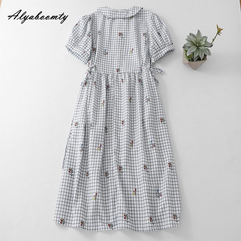 Abiti estivi Mori Girl giapponesi da donna midi dolci con colletto Peter Pan, vestito a quadri con stampa floreale, con tasche, vestito vintage elegante e femminile