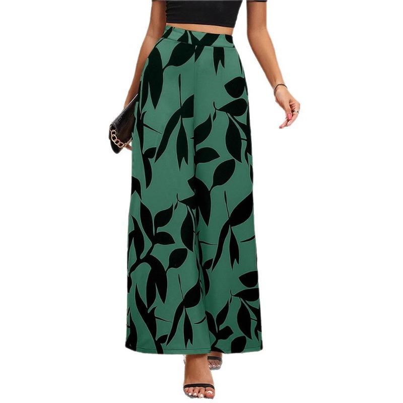 Women Summer Leaf Print High Waist Wide Leg Casual Pants