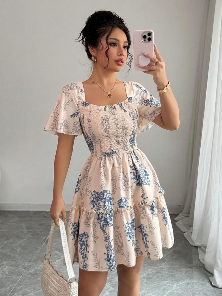 Spring 2025 Bohemian Print One-Shoulder Women's Dress with Adjustable Short Sleeves