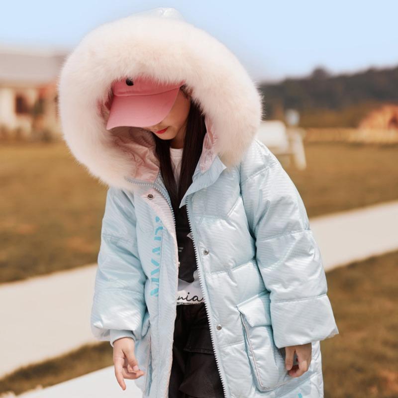 Children's Down Jacket Mid-length Girls New Winter Thickened Large Fur Collar Medium and Large Children's Cotton Jacket
