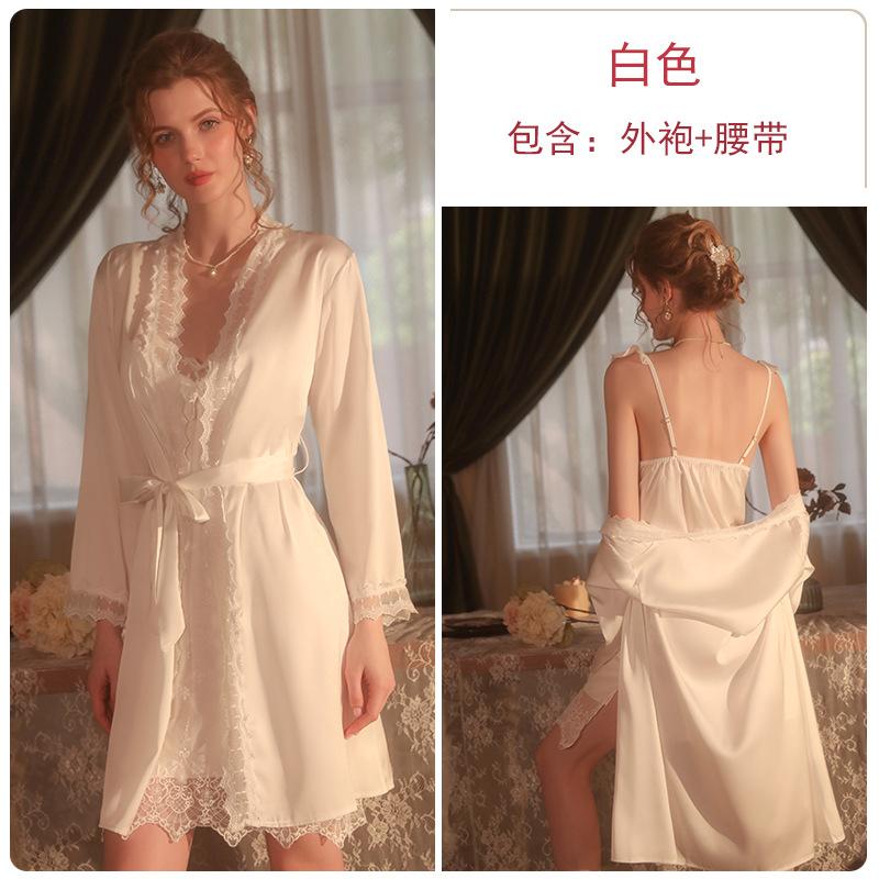Women's Lace Bow Comfy Backless Cami Sleep Dress with Robe Lounge Set