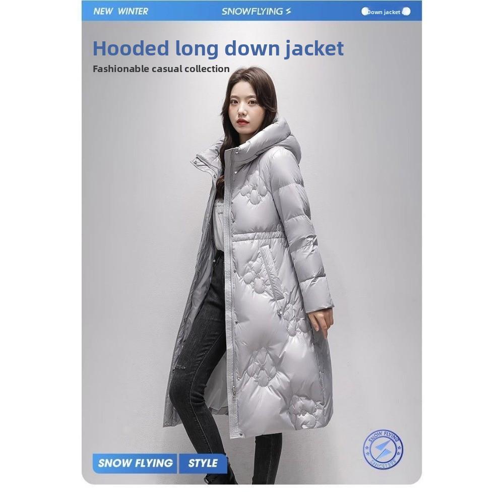 Jednobarevná lesklá dlouhá a tenká módní hřejivá péřová bunda s kapucí dámský zimní kabát