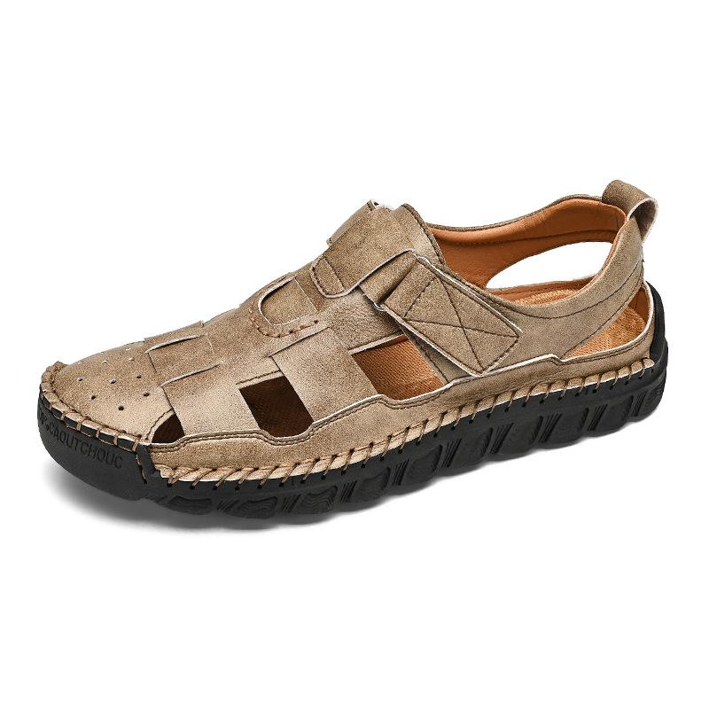 Men s Hand-Stitched Leather Closed-Toe Sandals - Large Size Breathable Casual Beach Shoes 42