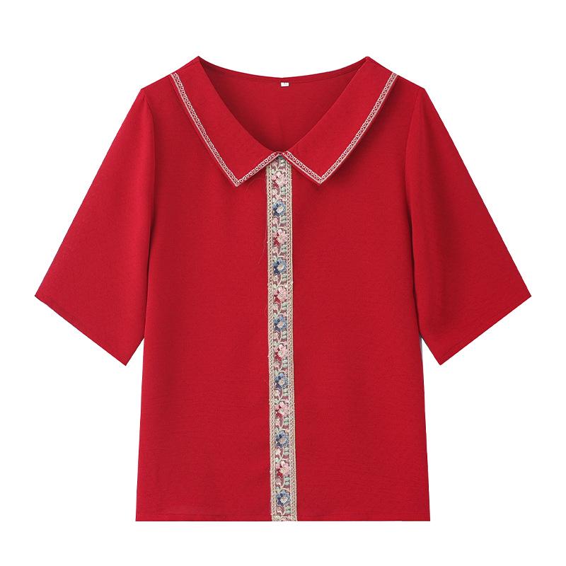 Elegant Summer Lapel T-shirt: Stylish Chinese Design for Middle-Aged & Elderly Women