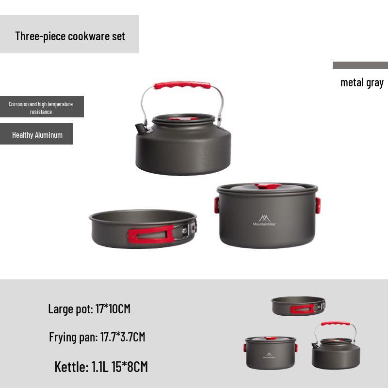 Shan Zhi Ke Outdoor Camping Cookware Set: Black Aluminum Alloy Cooking Pot, Stew Pot, Frying Pan, Kettle.