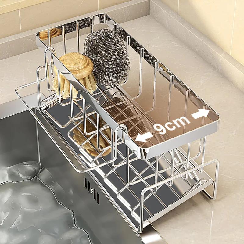 Bathroom Sink Storage Rack Metal Drain Rack with Cutlery Container Dishwashing Sponge Holder Kitchen Countertop Storage Shelf
