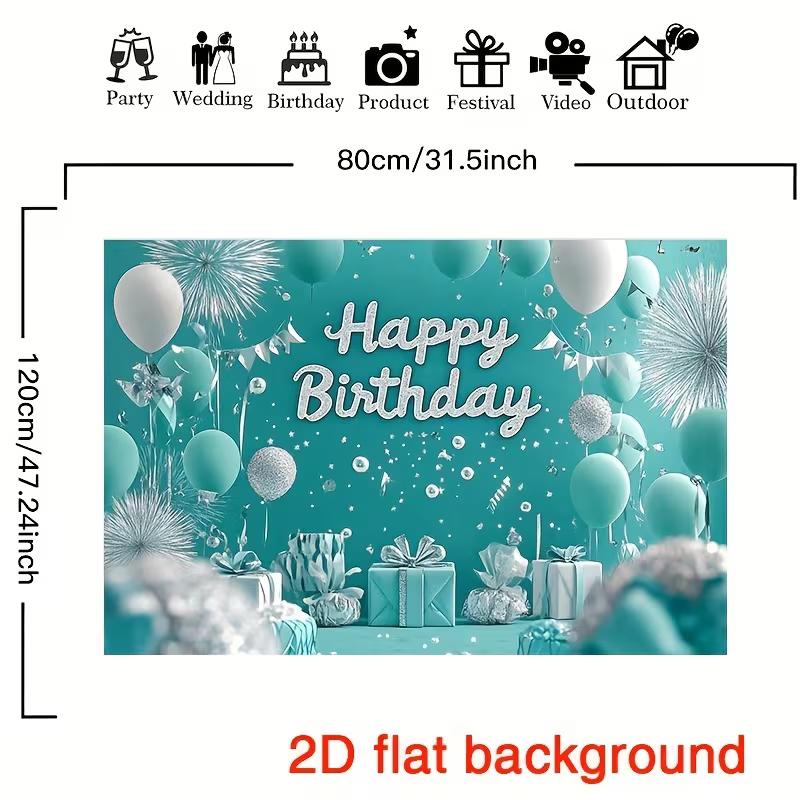2D Flat Birthday Party Backdrop Turquoise Silver Balloon Photo Background for Outdoor Indoor Use