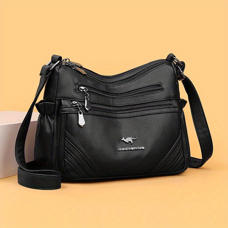 Women's Leather Crossbody Bag Multi-Zipper Pocket Purse with Adjustable Strap Textured Handbag