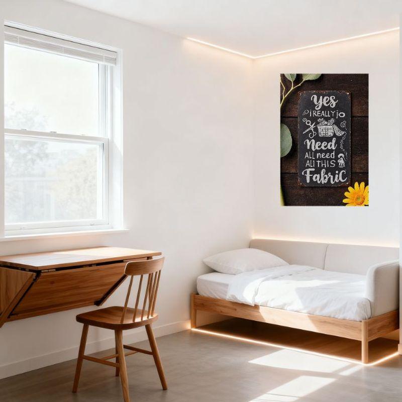 Vintage Rustic Dark Gray Metal Sign, White Hand-Drawn Sewing Text & Doodles (Scissors, Fabric, Spools), Brown Metal Border, for