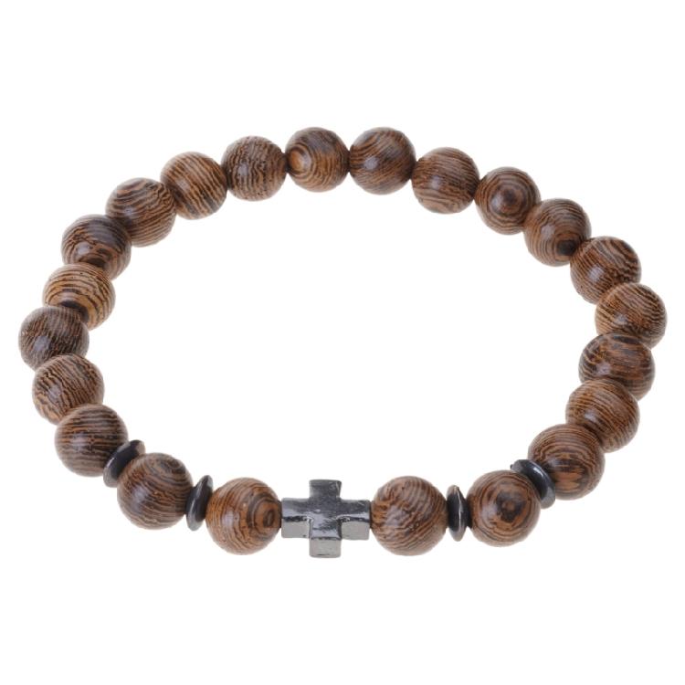 Handmade Natural Wood Bead Cross Bracelet Men Charm Beaded Elastic Bracelets
