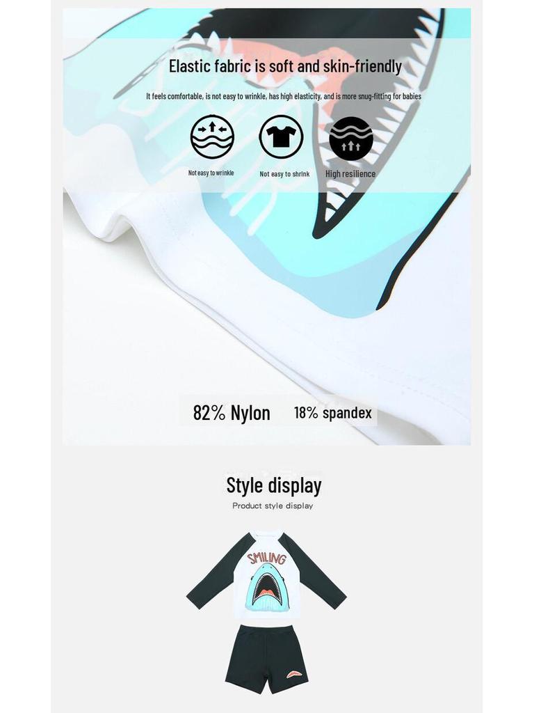 2024 Kinder Feiertags Langarm Baby Hai Sonnenanzug mit Shorts - Jungen UV-Schutz Strand Bademode