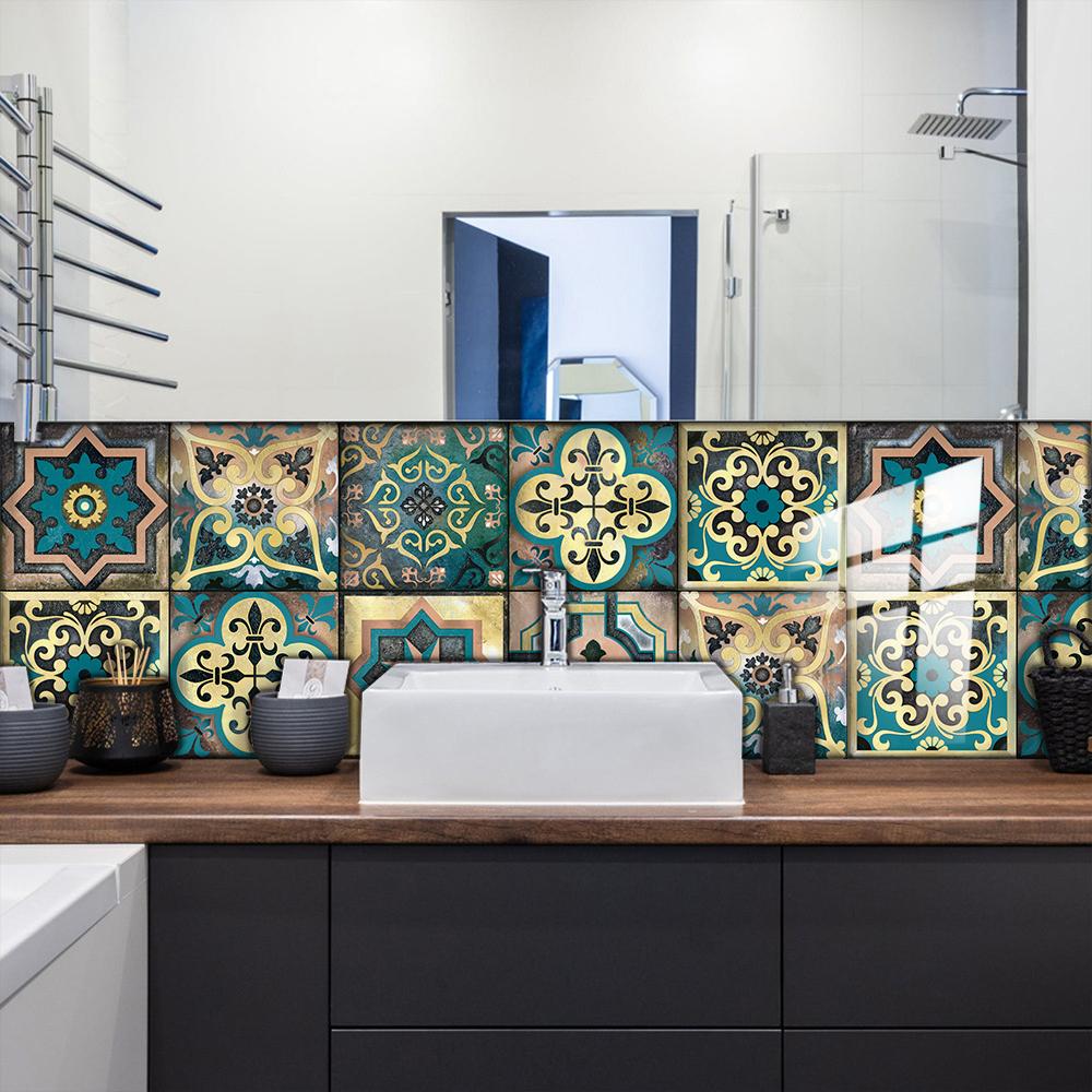 10ks Dlaždice ve stylu Mandala Nálepka na stěnu Kuchyňský backsplash Olejotěsná skříňka Umyvadlo Slupka &; Stick vodotěsné umělecké samolepky na zeď