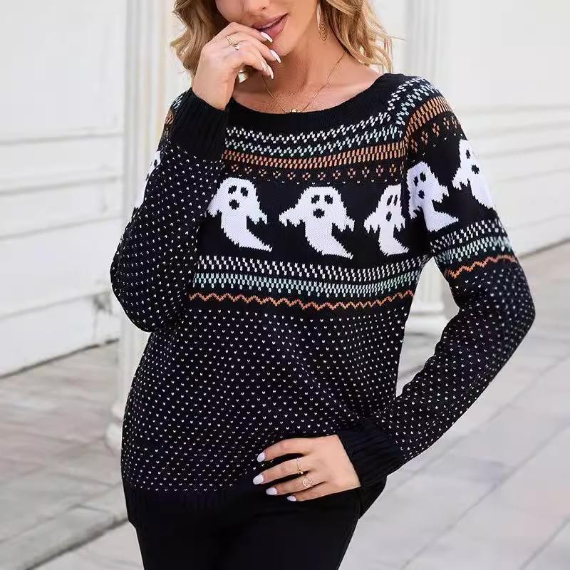 Women's European and American Retro Polka Dot Halloween Sweater - Autumn/Winter Long Sleeve Knitwear