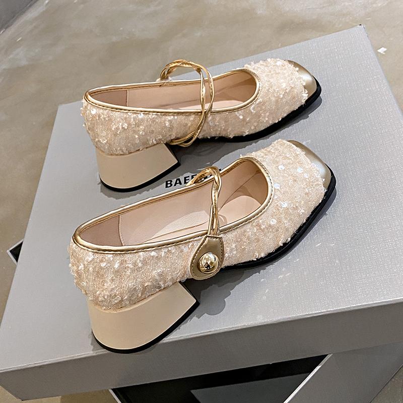 Aphixta 2024 New 5cm Med Heels Mary Janes Square Toe Silk Upper Women Shoes Elegant Shallow Pumps Tacones Para Mujer