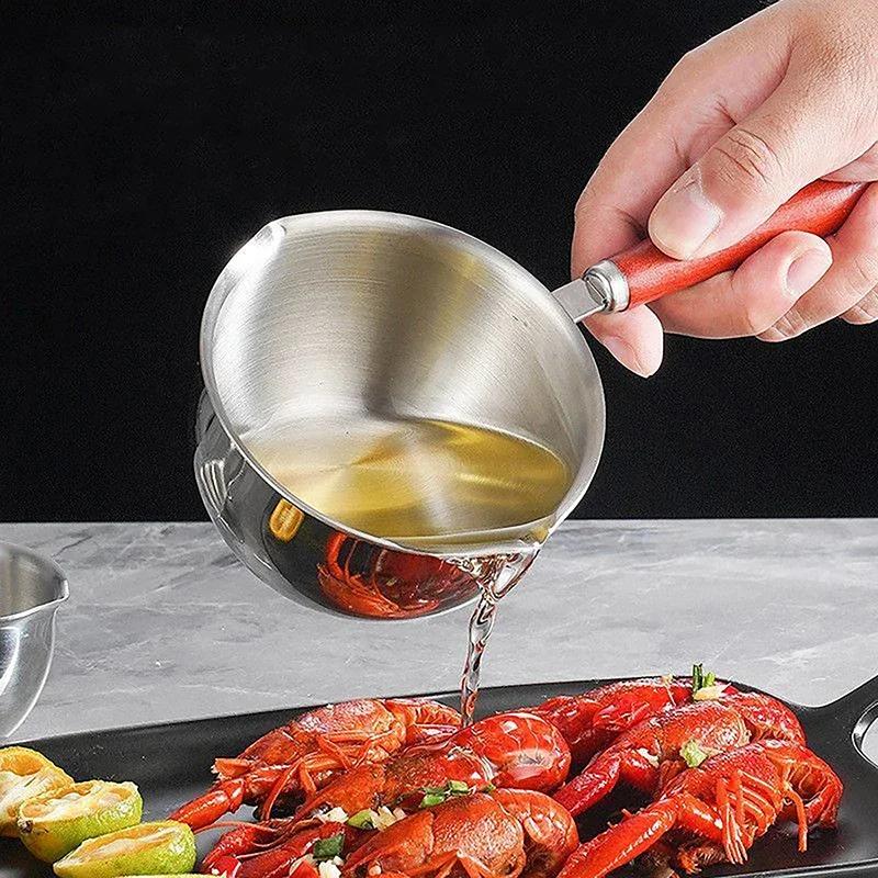 Milk Pot Stainless Steel Hot Oil Pan 150/300ML Hot Sauce Small Pot Cooking Butter Melting Pot Versatile Flat Bottomed Oil Pan