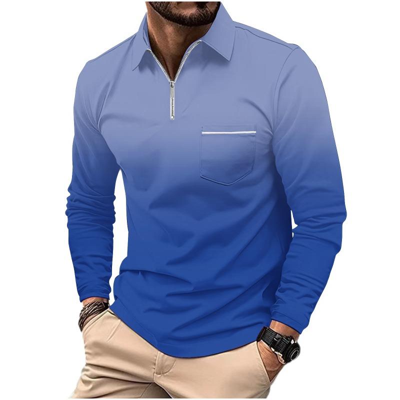 Men's Printed Polo Shirt with Zipper Pocket Sports Long Sleeved Polo Shirt