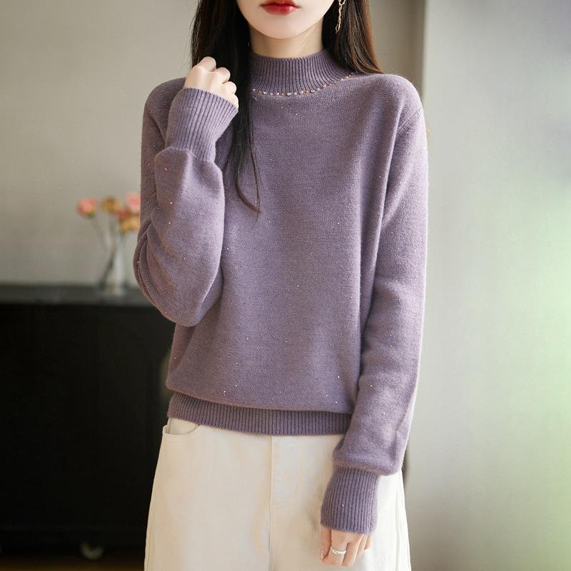 Women's Sequined Turtleneck Sweater - Autumn/Winter Fashion, Age-Defying, Loose Fit, Versatile Knitwear