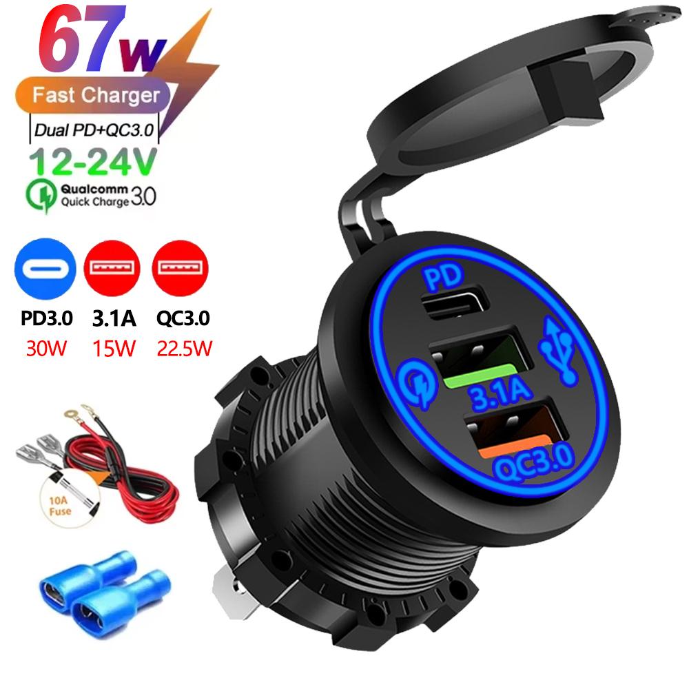 2/3/4 Port PD QC 3.0 USB Car Charger with Voltmeter Socket Power Outlet Adapter Waterproof for 12V/24V Car ATV Boat Hot Sale