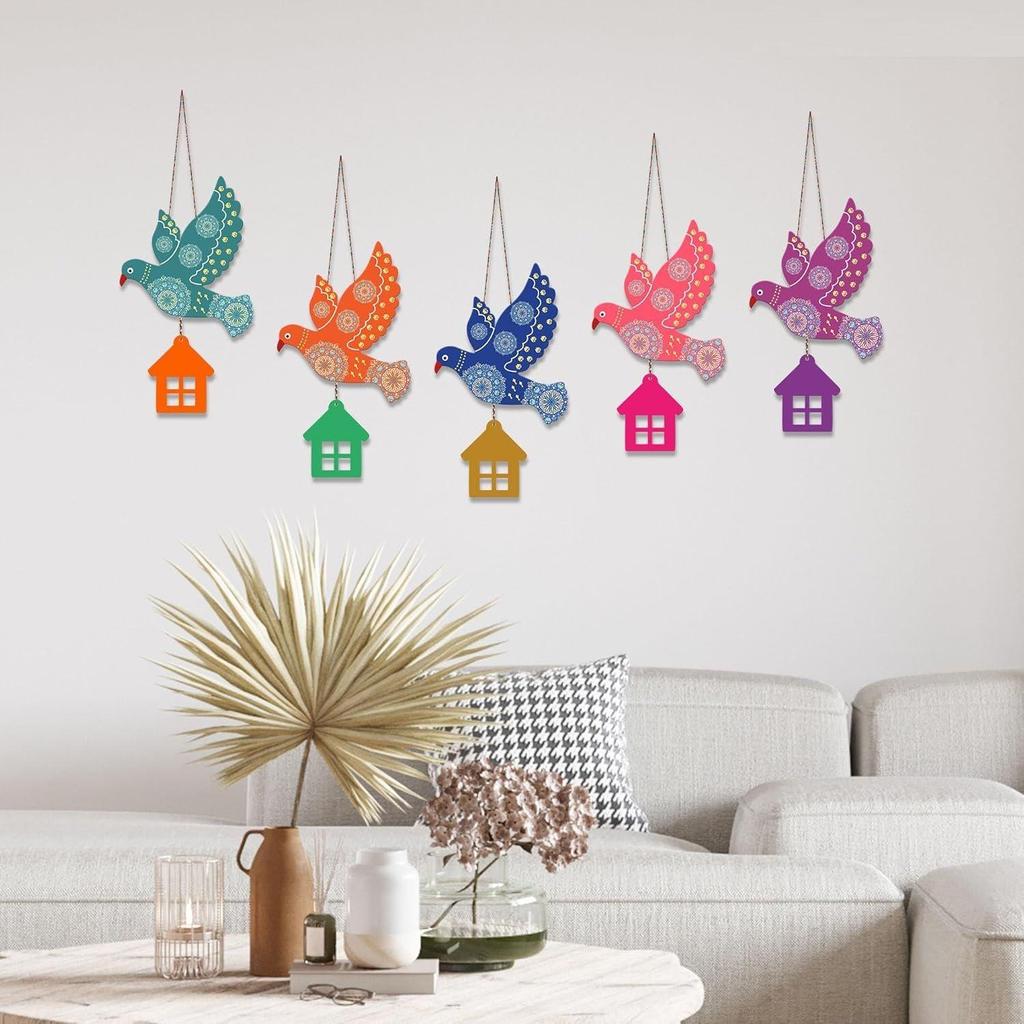 (Pack of 5) Multicolored Flying Birds Wooden Wall Hanging for Home Decoration | Garden Balcony | Office | Cafe | Decorative Door Hanging