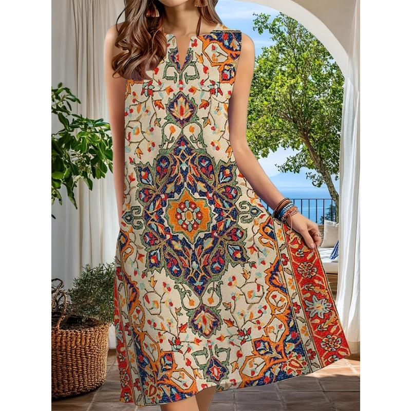 Robe midi sans manches à encolure fendue pour femme, imprimé floral bohème, coupe décontractée ample, pour tenues d'été, vacances à la plage
