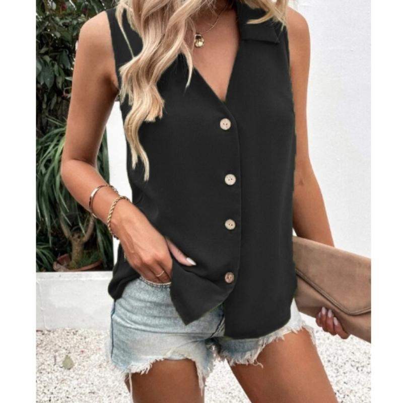 Women Casual Summer Vest Tshirt Solid Color Tank Top Oversize Vneck Sleeveless Button Singlebreasted Mid Length Soft Breathable Female Clothes