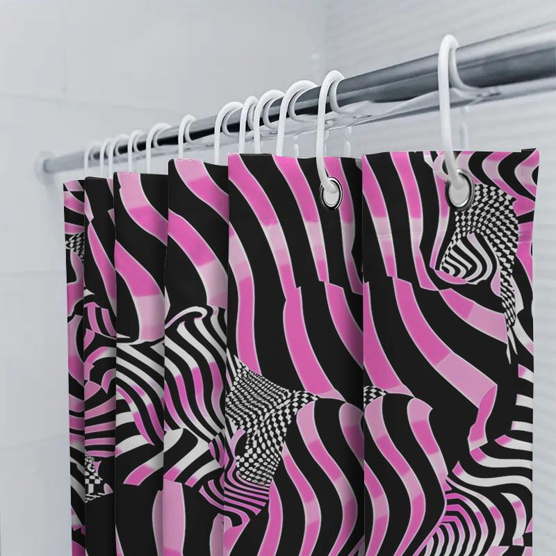 Black Pink Zebra Striped Shower Curtain For Bathroom Decor Polyester Fabric With Rings Holder Set (L)
