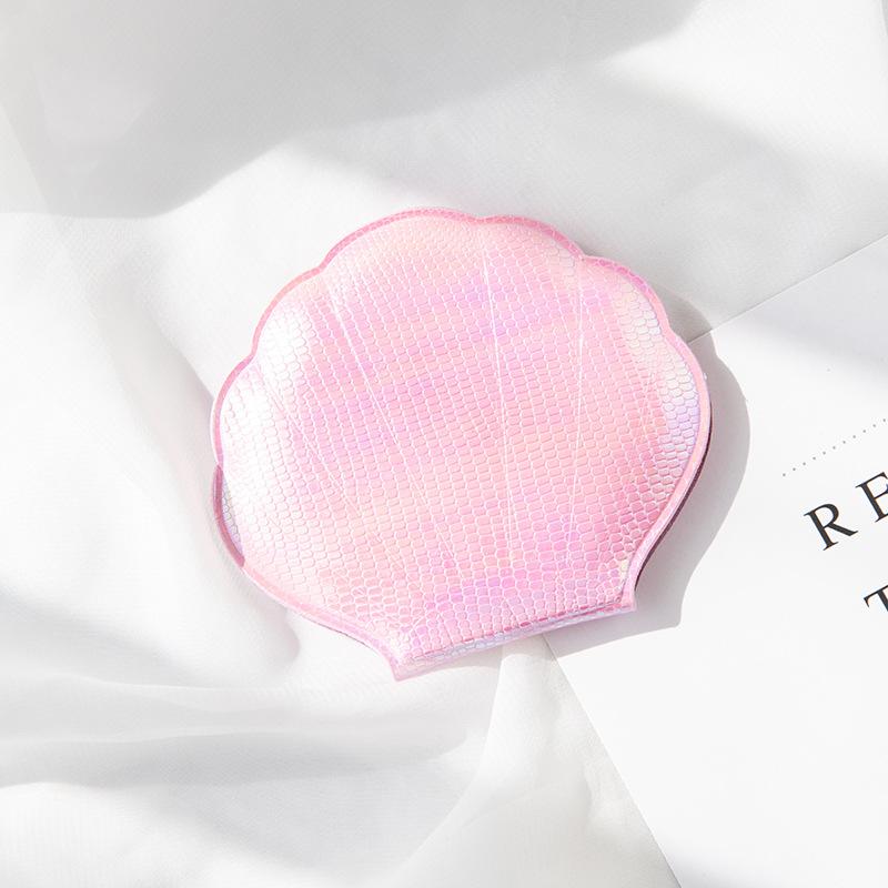 Espelho de maquiagem em formato de concha Dream Laser Color 2X Espelho de aumento portátil de bolso dobrável de dupla face Acessórios de maquiagem Kawaii