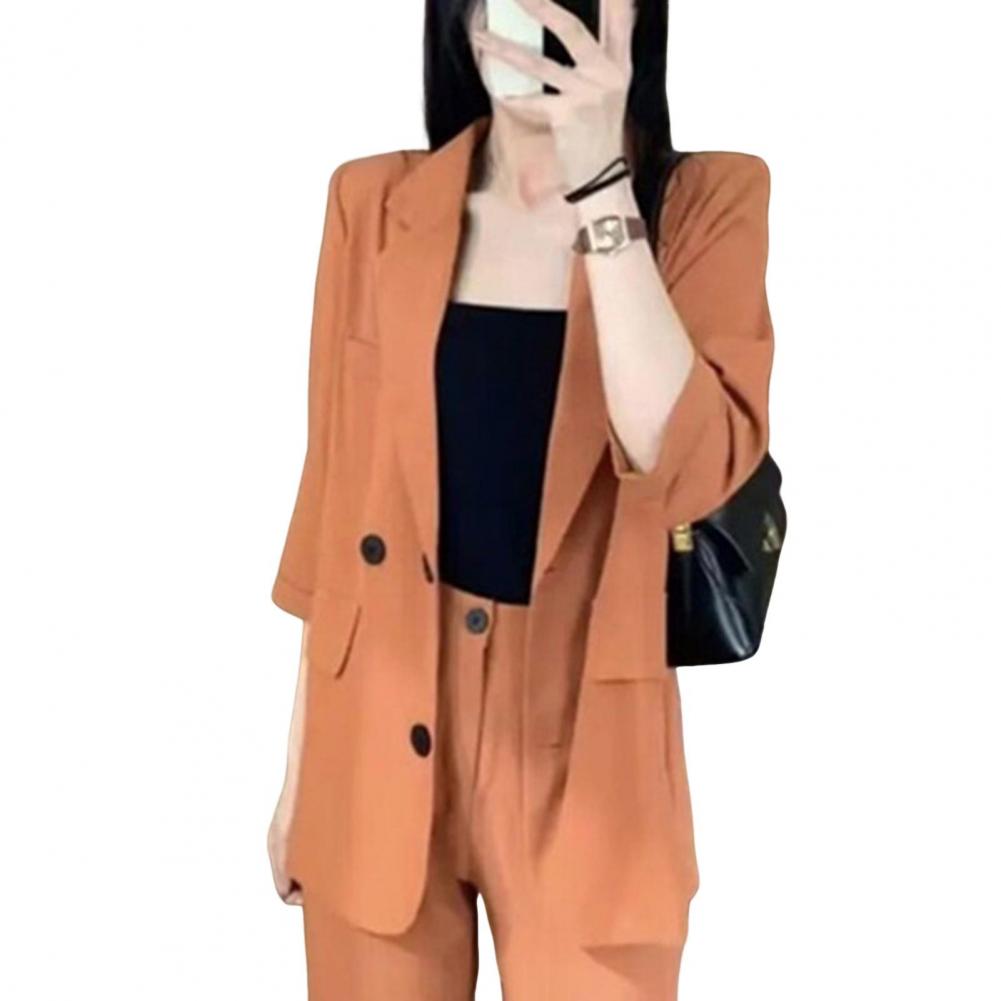 Women Suit Coat Lapel 3/4 Sleeve Double Breasted Suit Jacket Solid Color Loose Fit Flap Pockets Business Outwear