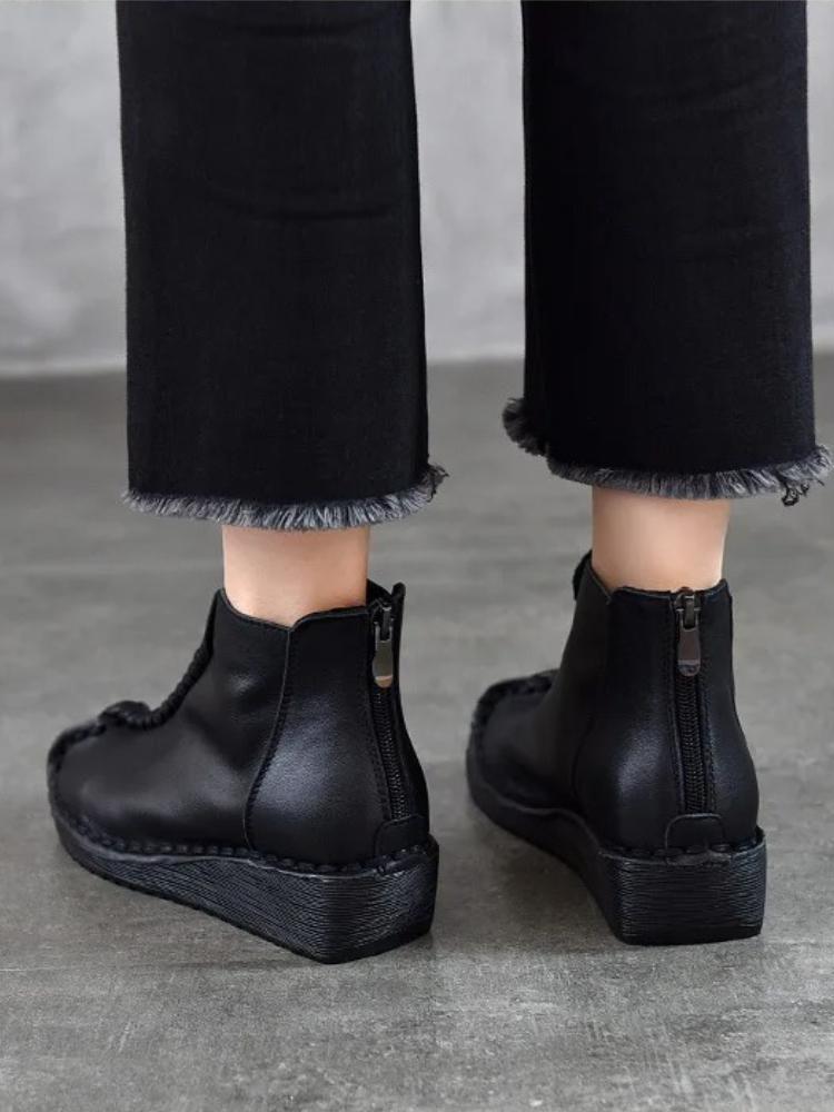 Johnature Versatile Genuine Leather Women's Wedges Shoes Retro Cowhide Soft Soled Short Boots