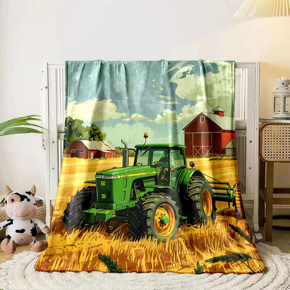 Grüner Traktor Bauernhof Szene Decke für alle Jahreszeiten Decke Mittagspause Überwurf Geschenk