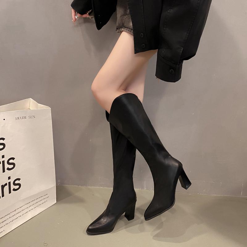 New Women Boots Zipper Thick High Heels Simple Thick High Heels Autumn Winter Boots Knee High Botas