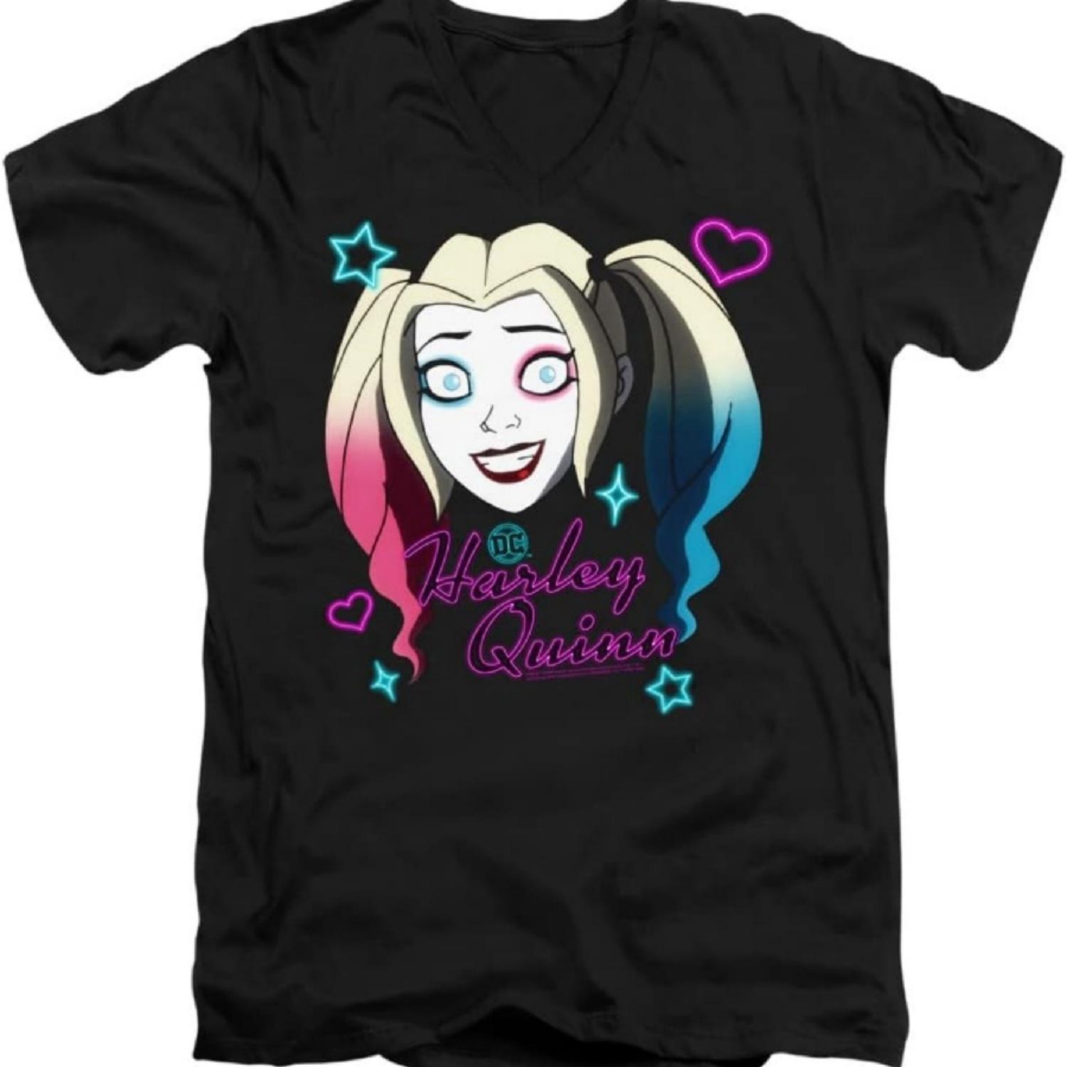 Унисекс футболка с V-образным вырезом для взрослых, с изображением головы Харли Квинн из мультсериала S чёрный