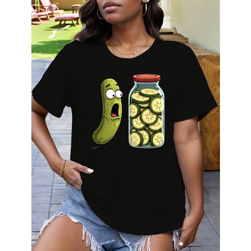 Women's Plus Size Cute Pickle & Jar Graphic T-Shirt - Casual Short Sleeve Round Neck Tee with Comical Manga/Anime