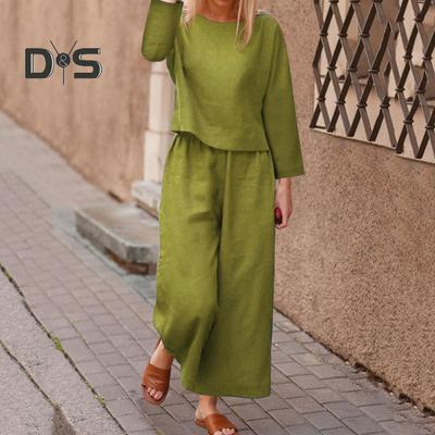 2 Teile/Satz Herbst Frühling Damen Oberteil Hosen Set Langarm Rundhals T-Shirt Elastische Taille Hose mit Seitentaschen OL Pendeln Sport Hosenanzug Outfit