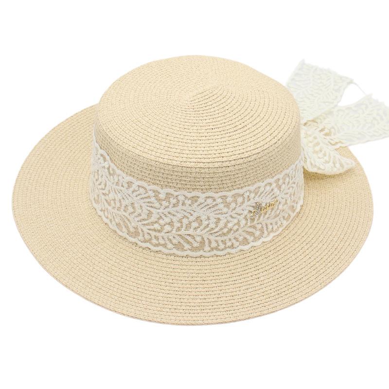 Temperament Straw Hat Female Bow Model Sun Protection Sun Hat Flat Top Hawaiian Lace Beach Hat Street Shot