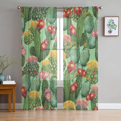 Cactus Plant Flower Watercolor Painting Tulle Curtains For Bedroom Modern Voile Curtains Home Decoration Window Curtains