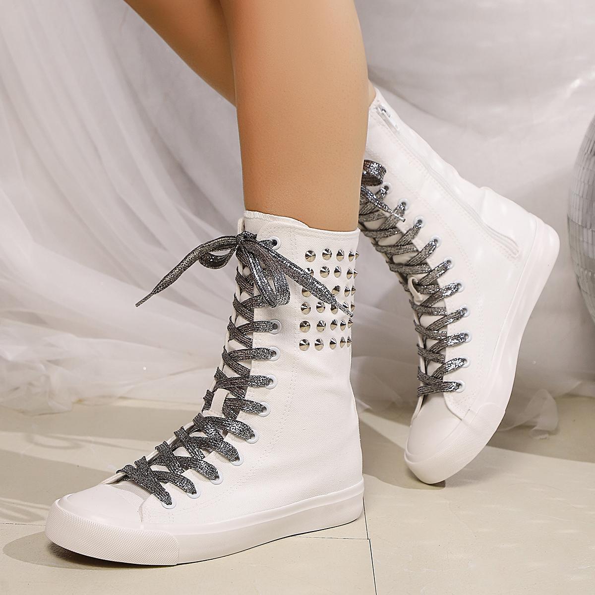 

Женские повседневные парусиновые кроссовки средней высоты с заклепками и заклепками. Модная обувь для ходьбы. 43 белый