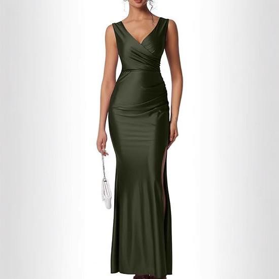 European & American Slim Fit Solid Color Satin Slit Dress
