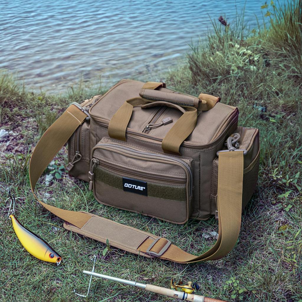 Goture Fishing Fishing Bag with Rod Waterproof Tackle Shoulder Multifunctional Fishing Large Fishing Gear Storage Bag for Hiking and Outdoor Khaki