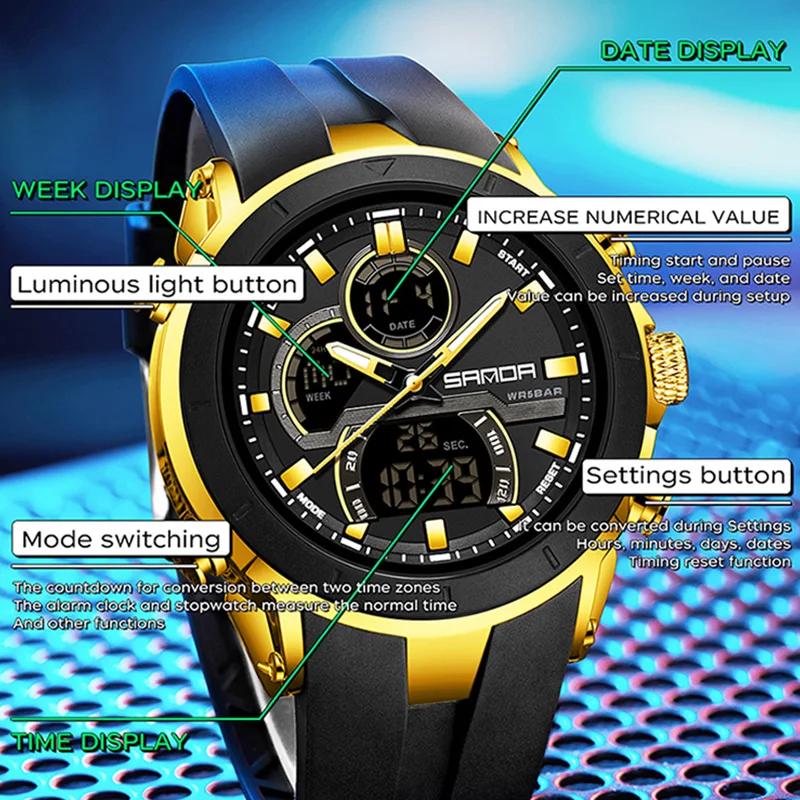 SANDA G Style Men Sport Watch Luxury Waterproof Chronograph Quartz Wristwatches LED Analog Digital Date Week Multifunction Clock
