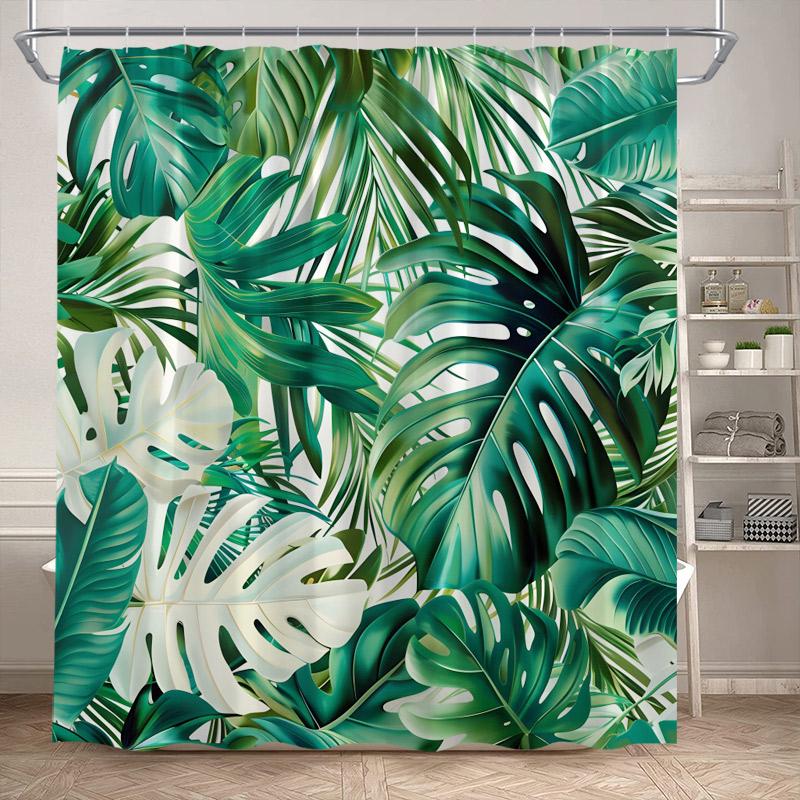 Tropische Blätter Duschvorhang Grün Palmenblatt Monstera Pflanze Badvorhänge Set Polyestergewebe Heim Badezimmerdekor Mit Haken