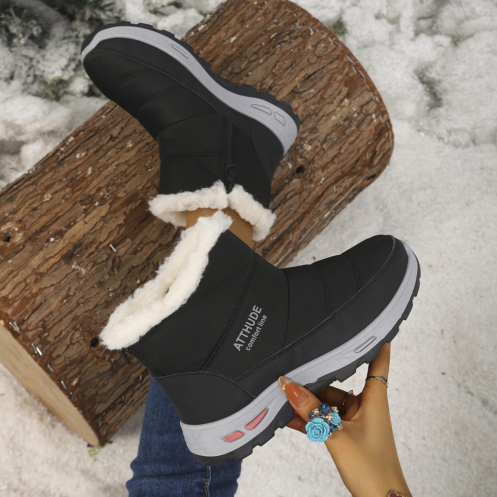 Ladies Waterproof Mid Calf Winter Boots Super Warm Fleece Side Zipper Anti Slip Platform Snow Boots Daily Outdoor Walking Shoes