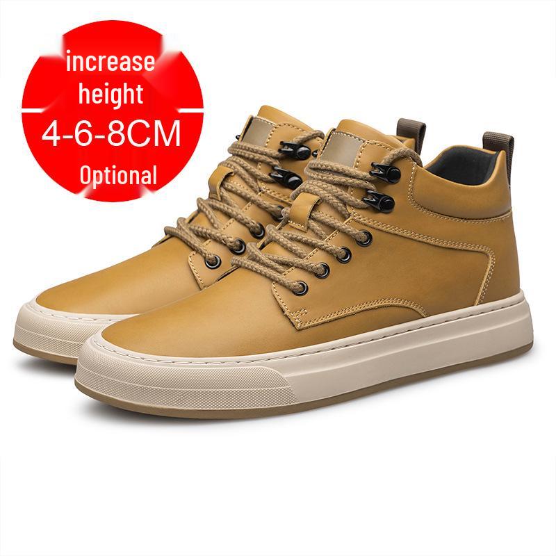 Men's Autumn Invisible Height-Boost 8cm Breathable Cowhide 6-Hole Mid-Top Shoes, British Style Sports Casual Board Sneakers
