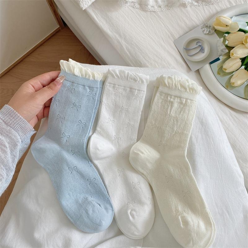 Ballet Style Bow Bubble Pile Socks Summer Mesh Thin Mid-Leg Socks Boneless Lace Anti-Pilling
